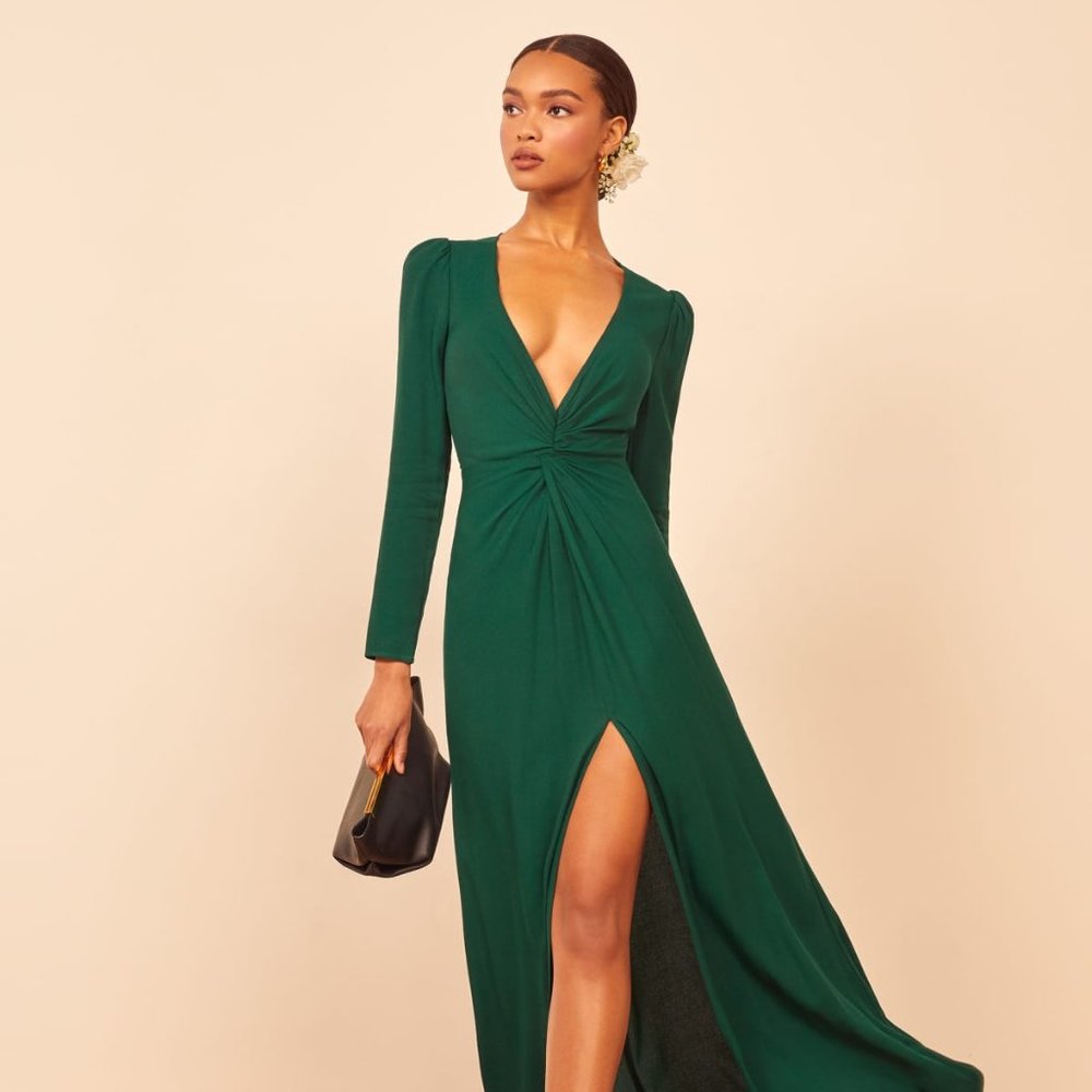 Reformation Gatsby Long Sleeve V Neck Emerald Gown - Size 2